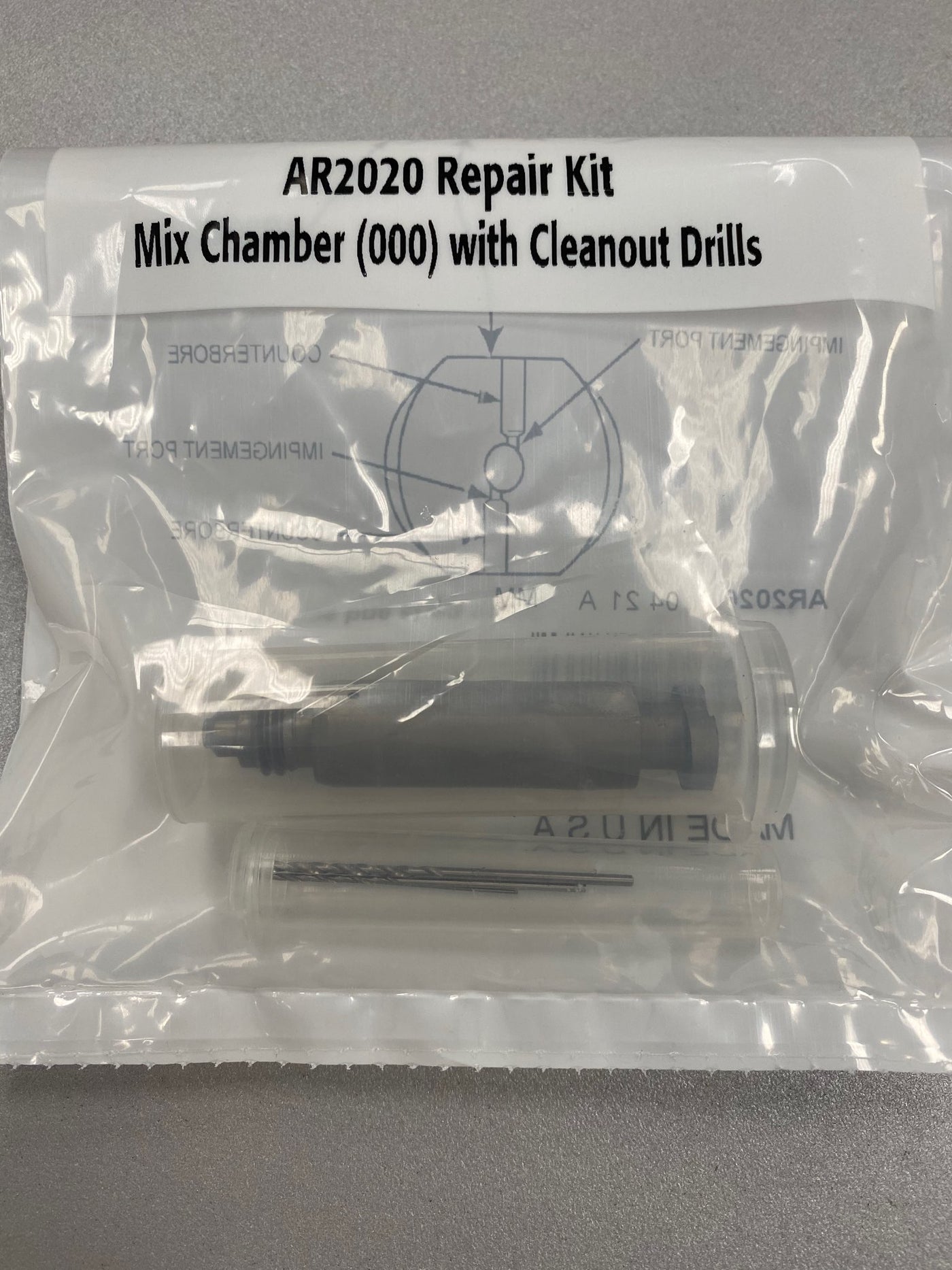 AR2020 Mixing Chamber with cleanout drill bits Nozzle Size 0.042, #58 Drill Impingement Port Orifice Size 0.020, #76 Drill Counterbore Drill Bit Size .060, #53 Drill